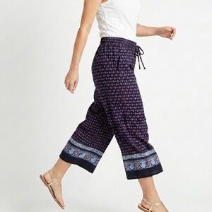 LOFT Wide Leg‎ Crop Pants Womens XS Blue Geometric Print Boho Summer 26W 25.5L